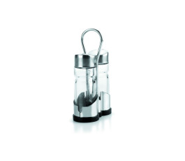 Glass salt and pepper shaker duo with stainless steel base