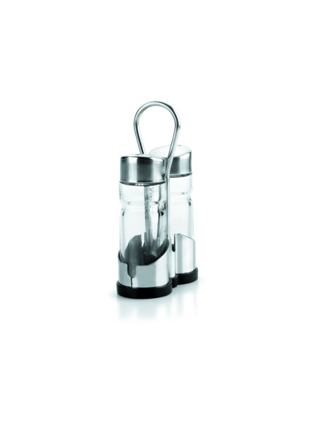 Glass salt and pepper shaker duo with stainless steel base