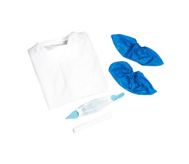 Visitor kits by unit (overshoes, gown, 1-ply paper mask, gown)