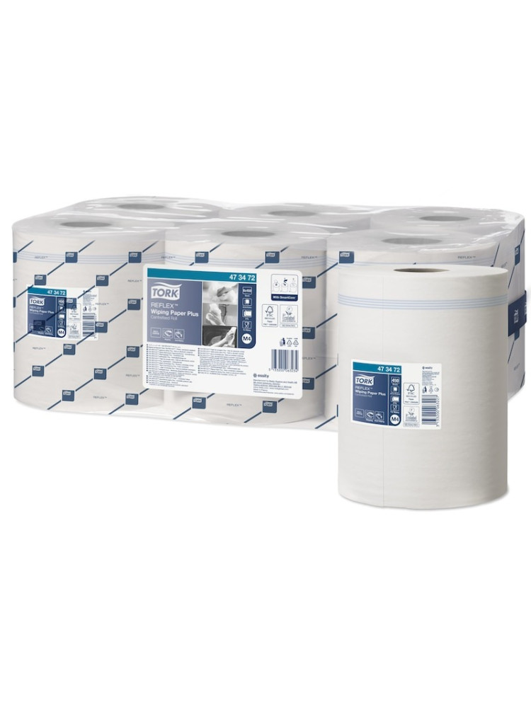 Papier d'essuyage Tork Reflex  Wiping PaperPlus M4 450 fts 2Plis Blanc- Lot de 6